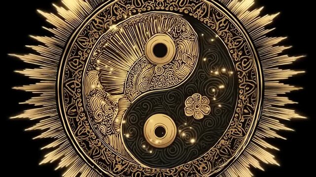 Ornate golden emblem symbolizing duality and cosmic balance against black background