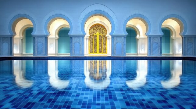 A tranquil indoor pool reflects a light-filled arched hall.