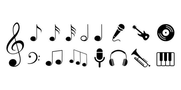 Music notes set icons, collection musical notes signs, musical clef, microphone, headphones, guitar &ndash; vector