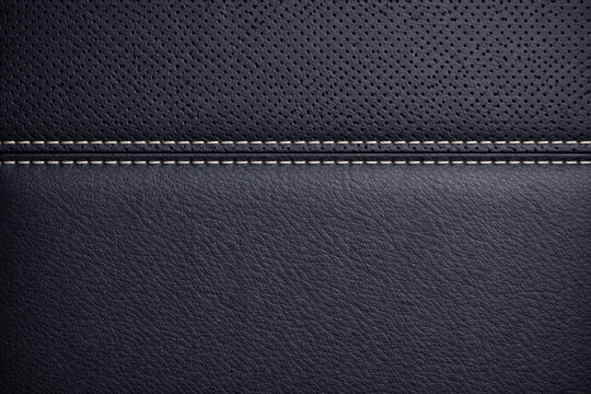 Luxury Perforated Black Leather Texture Background With Horizontal White Double Stitching Line Premium Automotive Interior Upholstery Material Synthetic Fabric Detailed Close Up Photo
