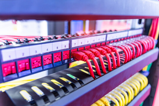 network cable connecting on network core switch close up