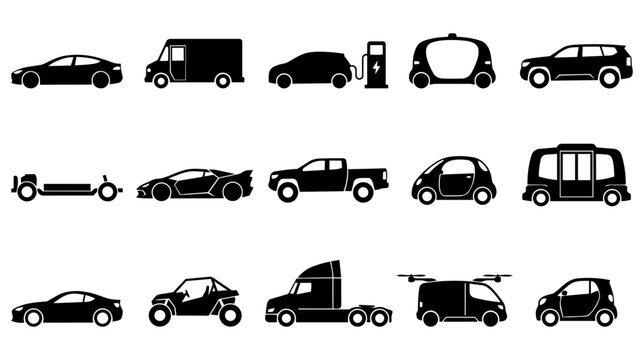 A comprehensive collection of diverse vehicle silhouettes, including cars, trucks, vans, and autonomous vehicles, representing various modes of modern and future transportation as icons.