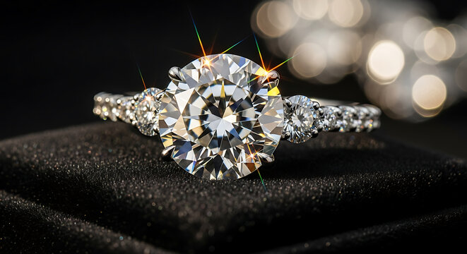 sparkling diamond gemstone ring on black fabric on transparent background high quality