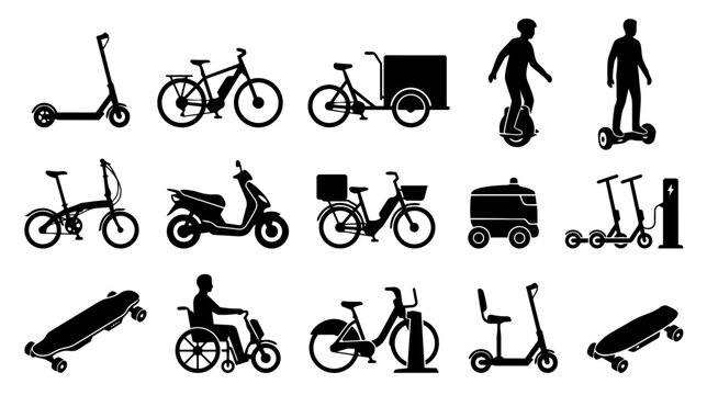A comprehensive collection of personal mobility devices, including electric scooters, bikes, skateboards, and other modern urban transport options, presented as black silhouettes.