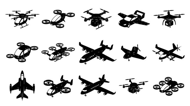A comprehensive collection of black silhouettes depicting various modern and futuristic aircraft, including drones, eVTOLs, and traditional airplanes, on a clean white background.