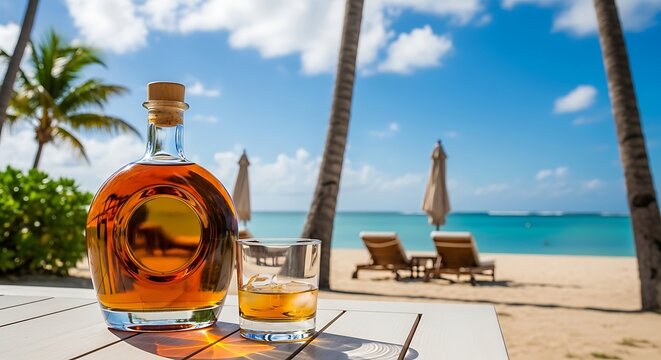 Bottle of golden rum and a glass on a wooden table at a sunny tropical beach resort with palm trees and ocean view in the background during a beautiful summer holiday day