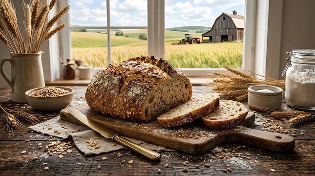 A rustic loaf of bread on a wooden cutting board with a scenic view of a wheat field and barn outside the window in a cozy kitchen setting with wheat and baking ingredients