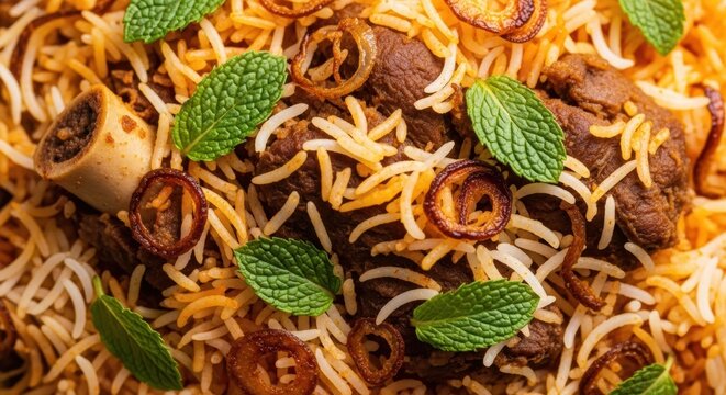 Delicious mutton biryani with aromatic rice and fresh mint leaves