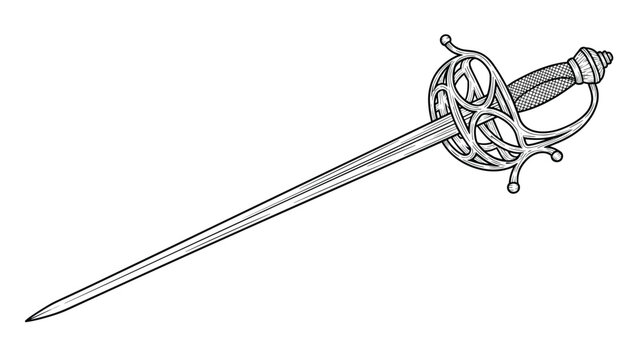 Intricate engraving of a classic rapier sword featuring a highly decorative guard and a long slender steel blade.