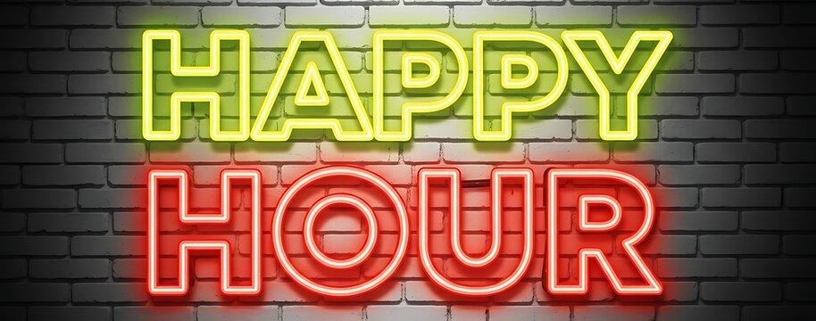 Happy Hour neon sign with yellow and red glowing letters mounted on a dark grey brick wall background at night