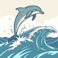 Obraz premium Dolphin jumping over ocean wave with surfing wave sea creature wildlife creature swimming movement tropical vacation underwater illustration