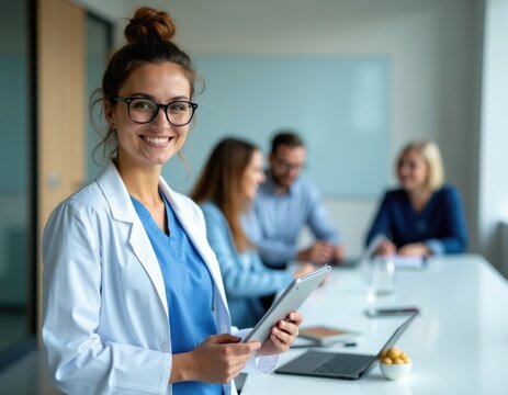 Young female doctor in glasses holds tablet in office. Colleagues talk at conference table. Medical team discusses patient chart on digital screen.