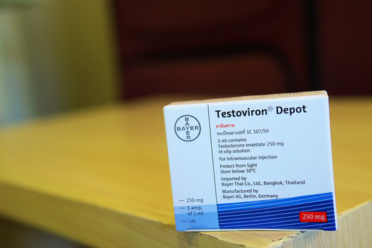 Pattaya, Thailand - March 19, 2026: Downtown  This is a small package with ten 250 mg testosterone ampoules of Testoviron Depot from the German company Bayer.
