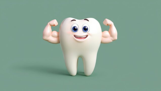 A playful cartoon tooth character with a big smile and flexed arms, promoting dental health and hygiene in a fun and engaging way for kids.