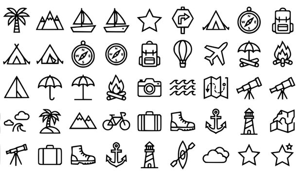 Whimsical travel and journey vector icon set with suitcase and camera in bold line art