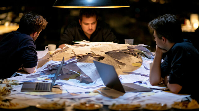 Startup office ping-pong table repurposed as a crisis war room, papers covering every inch, laptops open, half-eaten food around the edges, three founders mid-debate under bright overhead light, ide