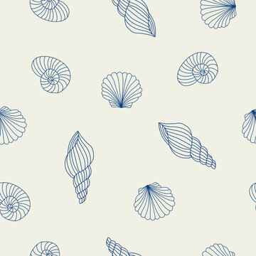 Underwater seamless pattern with seashells line art illustrations in white color on blue background. Scallop sketch, seashell line drawing. Summer ocean beach print for background, textile, fabric