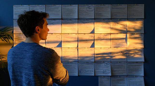 Startup post-mortem wall: printed customer complaint emails pinned in rows, hand-annotated with root cause circles, a lone founder studying them in an empty office, golden hour striking the wall dra