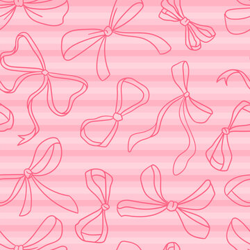 Seamless pattern with bows and heats. Trendy Romantic curly decorative vector pattern with bow, heart. Wavy background with pink bow. Vintage retro design for greeting card, wedding and birthday party