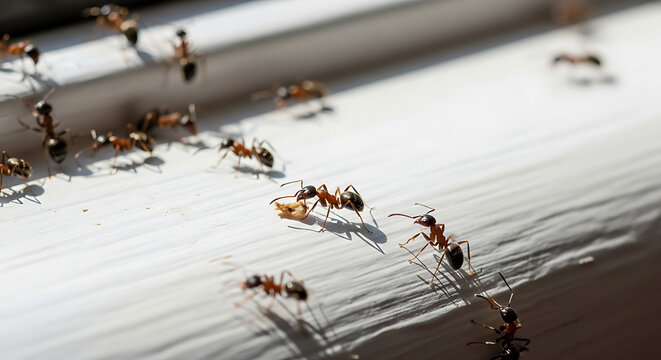 Macro Shot of Red Ants Crawling on a White Surface During House Pest Infestation