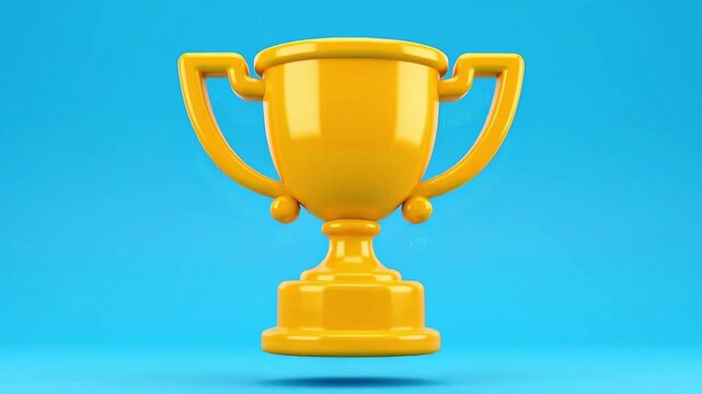 Playful cartoon-style trophy icon with exaggerated proportions, bright yellow gold color, bouncing animation with squash and stretch, light blue background, camera front view, fun motion timing