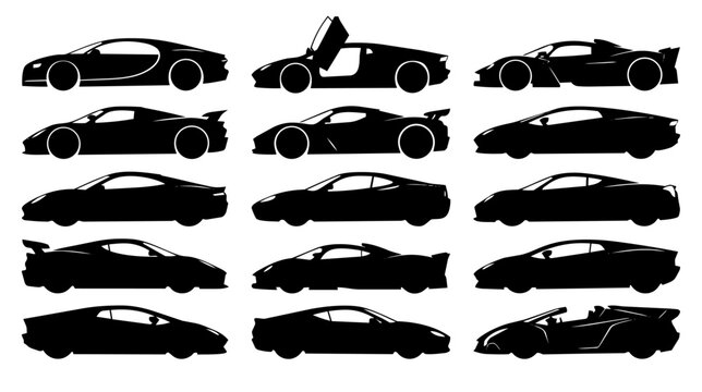 A collection of black sports car and supercar silhouettes, showcasing various iconic designs and models in a clean, graphic style, perfect for automotive design and luxury branding.