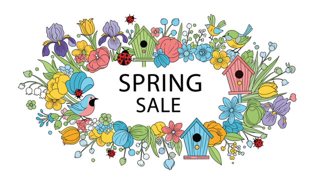 Colorful spring sale banner featuring a decorative border of flowers, birds, birdhouses, and ladybugs around the central promotional text.