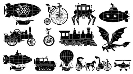 Obraz premium Black silhouette collection of steampunk vehicles, featuring retro-futuristic airships, trains, and unique contraptions, isolated on white.