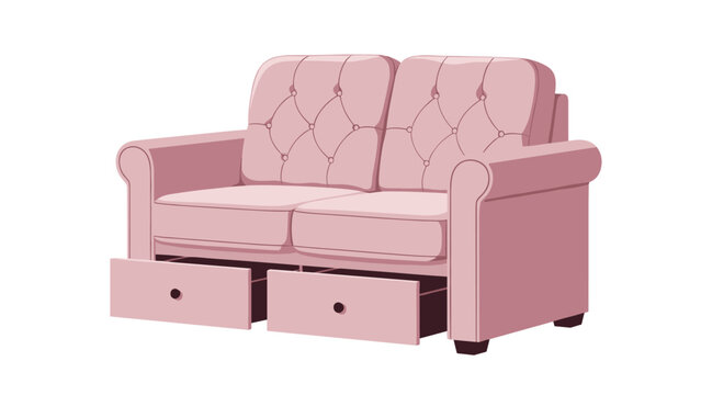 Modern pink two seater sofa featuring a tufted backrest and convenient pull out storage drawers for living room utility.