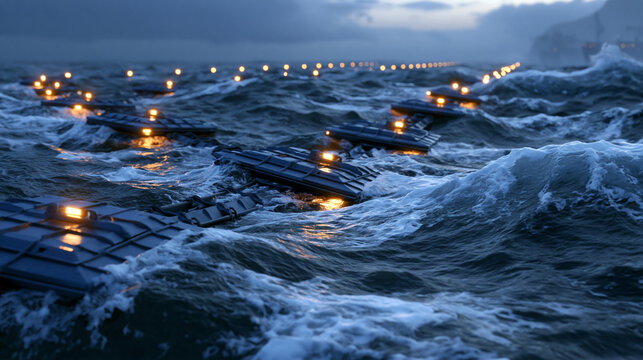 Wide establishing view of an offshore wave energy farm at twilight, a dozen articulated attenuator devices riding long Pacific swells, navigation lights blinking amber on each unit, horizon fading t