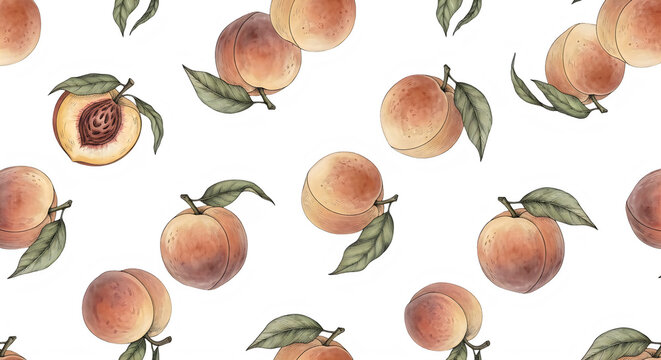 Hand drawn peaches with leaves scattered across white background seamless pattern transparent background