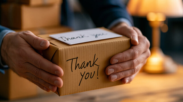 Close-up of a bootstrapped founder's hands sealing a plain brown shipping box by lamplight, a stack of identical boxes behind them, a handwritten thank-you card resting on top, perfect for small bus