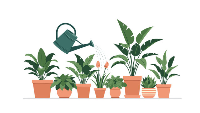 Variety of lush green houseplants in terracotta pots being watered by a green watering can on a white background.
