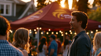 Obraz premium Golden hour falling across a neighborhood block party where a local entrepreneur has set up a branded booth for the first time, product lined up nervously, neighbors stopping to look, vibrant spring