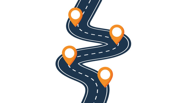 Conceptual illustration of a long winding road with several orange location pin markers representing a journey or travel path.