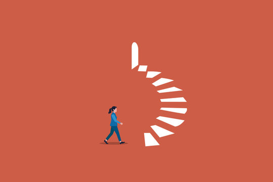 Business concept illustration of business woman walking toward opportunity doorway, symbolizing career growth, ambition, success path, leadership journey, and future vision