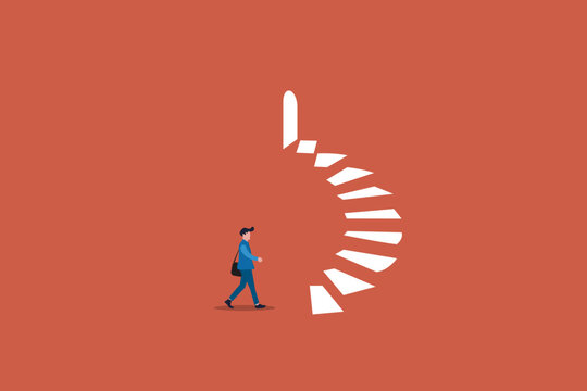 Business concept illustration of businessman walking toward opportunity doorway, symbolizing career growth, ambition, success path, leadership journey, and future vision