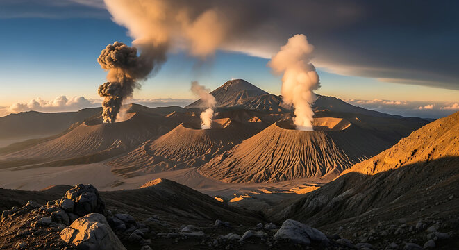 Majestic Landscape of Active Volcano Craters Emitting Smoke and Ash Plumes at Sunrise Bromo Tengger Semeru National Park Java Indonesia Volcanic Eruption Scene