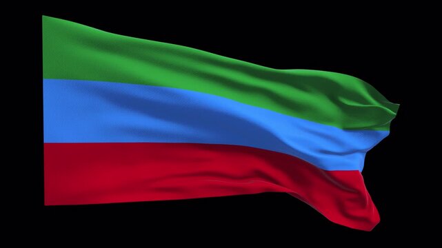 Animated flag of Dagestan waving in the wind. Symbol of Dagestani identity, cultural heritage, and regional pride within the Russian Federation. Suitable for news visuals, documentaries, educational c
