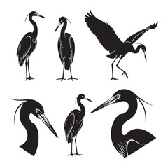 Obraz premium Heron and egret vector silhouettes and head profiles. Ideal for wildlife logos, nature branding, and bird conservation graphics