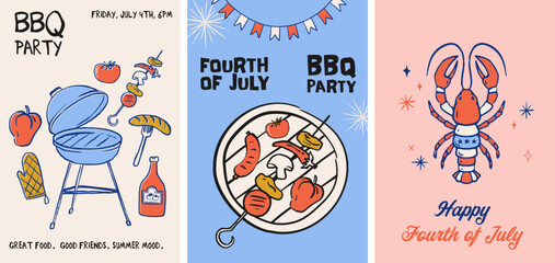 Fototapeta na wymiar Hand drawn vintage posters, cards, fliers and banners for 4th of July BBQ party. US Independence Day vector illustration with grill, lobster and and hot dog