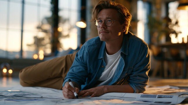 Single professional mapping a competitive landscape on a large paper sheet spread across the floor, kneeling with a marker, surrounded by printed competitor teardowns, warm afternoon light, ideal fo