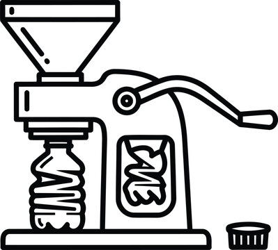 Manual plastic bottle crusher vector icon, mechanical recycling press for waste reduction, industrial trash compactor line art illustration