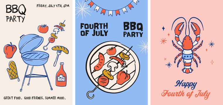 Hand drawn vintage posters, cards, fliers and banners for 4th of July BBQ party. US Independence Day vector illustration with grill, lobster and and hot dog