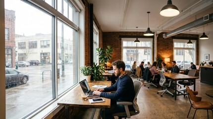Fototapeta premium Developer Working on Laptop in Busy Coworking Cafe
