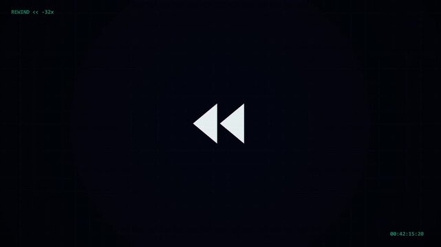 Digital Video Rewind Interface Icon with Glitch Effect on Dark Grid