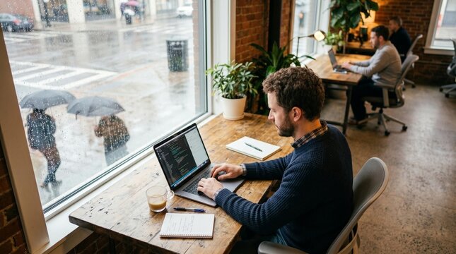 Programmer Working at Wooden Table by Rainy Window in Cafe