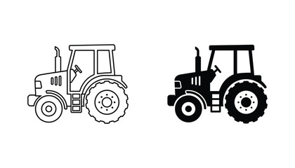Simple farm tractor icon vector illustration in outline and solid black styles depicting agricultural machinery for rural concepts © PenTool