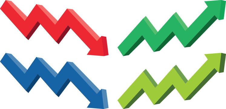 3D Isometric Red Green and Blue Zigzag Growth and Decline Arrow Icons Vector Set