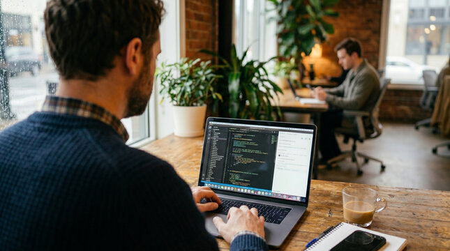 Over Shoulder View of Developer Coding in at Cafe